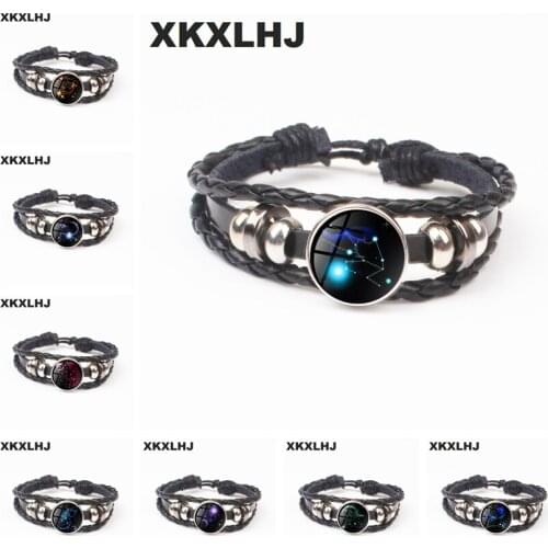 New Glass Convex Round Twelve Constellation Bracelet Steampunk Constellation Leather Bracelet Mens And Womens Birthday Gift