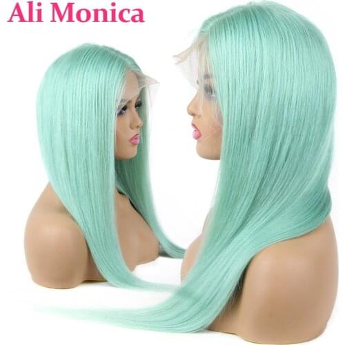 Alimonica Mint Green Colored Human Hair Wigs 30 Inch Long Straight 13x1 T Part 13x4 Lace Frontal Wig Brazilian with Baby Hair