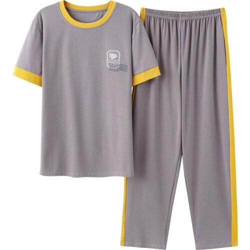 ATOXY Mens Pajamas Set Summer Leisure Elastic Waist Male Sleepwear Cotton Short Sleeve Nightwear Print Top Long Pant Homewear