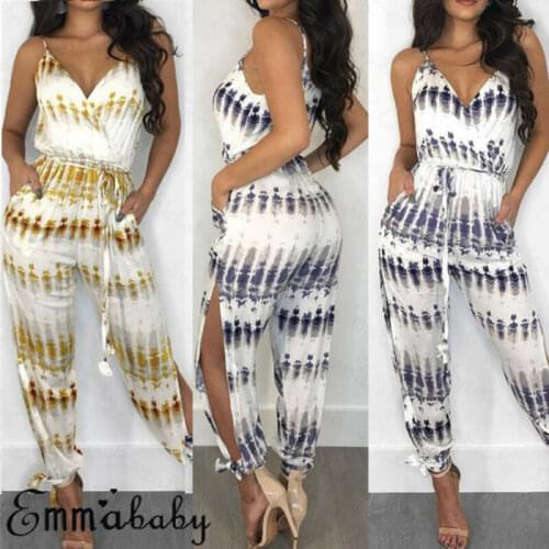 Casual Loose Women Clubwear Playsuit Sleeveless V Neck Female High Waist Split Jumpsuit Long Trousers