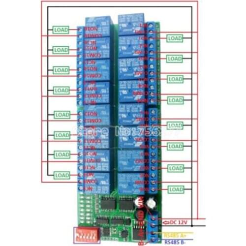 16ch DC 12V RS-485 Modbus RTU Relay Board RS485 Bus Remote Control Switch for LED Motor PLC PTZ Camera Smart Home