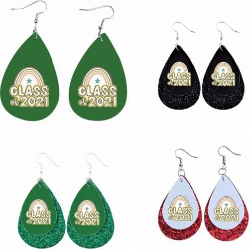 Class 2021 Graduation Earrings Faux leather Teardrop Earring Double Side Print Bulk Order Wholesale