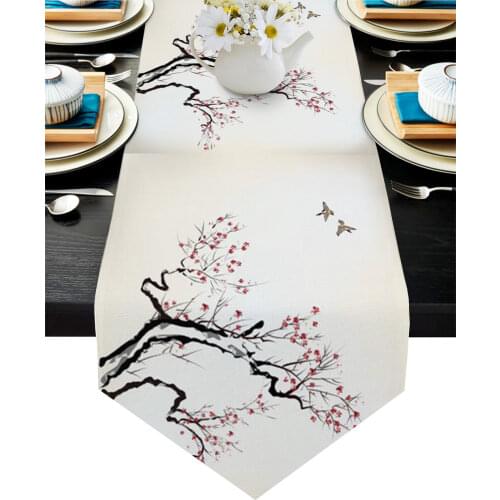Plum Blossom Branch Bird Ink Style Table Runner Modern Table Flag Home Party Country Wedding Decoration Tablecloth Table Runners