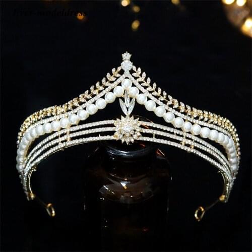 Rhinestone Pearls Tiaras Bride Wedding Diadem Queen Crowns Princess Birthday Party Sweet 16 Headpieces Headwear Hair Accessories