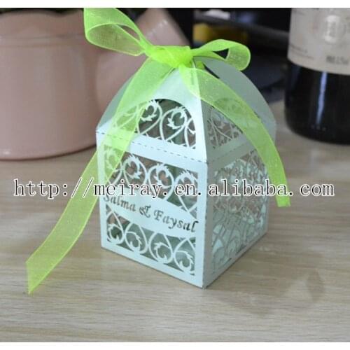 Laser cut wedding green favor boxes with green ribbon wedding boxes