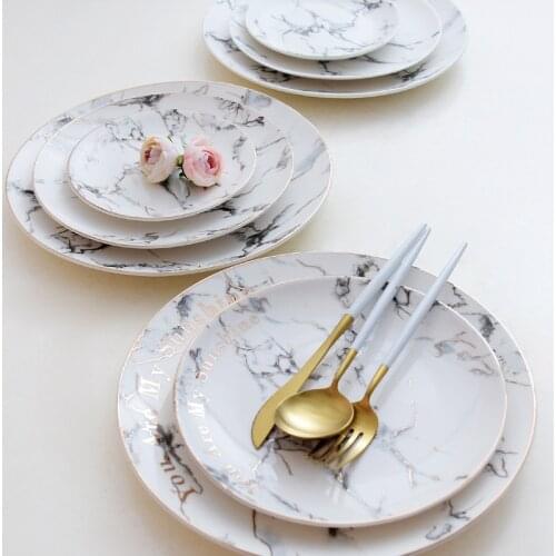 Nordic Style Creative Ink Marble Texture Painted Gold Ceramic Tableware Home Plate Dinner Plate Western Food Plate Steak Plate