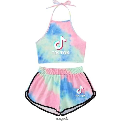 Tik Tok Women Two Pieces Sets Summer Tracksuits Strap Tie-dye Print Tops+Jogger Shorts Suit Club Leggings Sexy Fitness Outfit