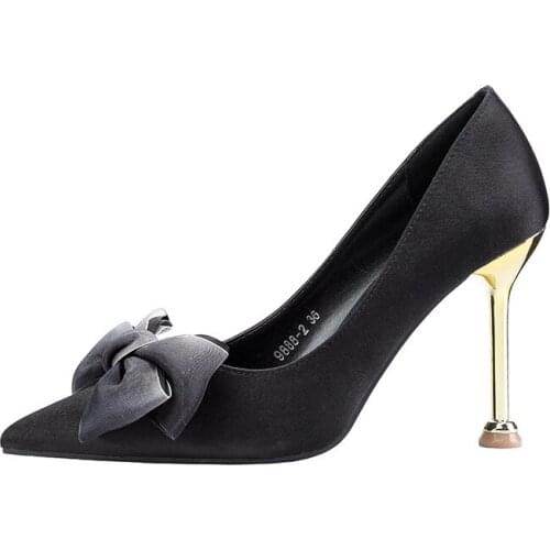 9.5CM PUMPS Pointed sexy high heel stiletto bow womens singles shoes satin was thin professional OL womens shoes