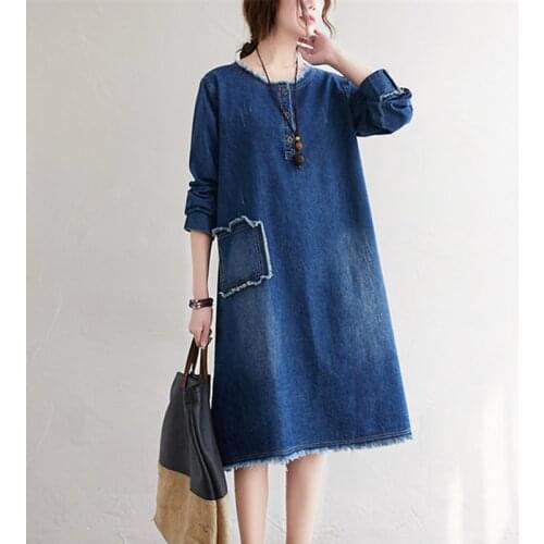 Uego 2021 New Arrival Cotton Fashion Denim Dress Long Sleeve Burrs Vintage Spring Dress Open Slit Women Autumn Casual Midi Dress