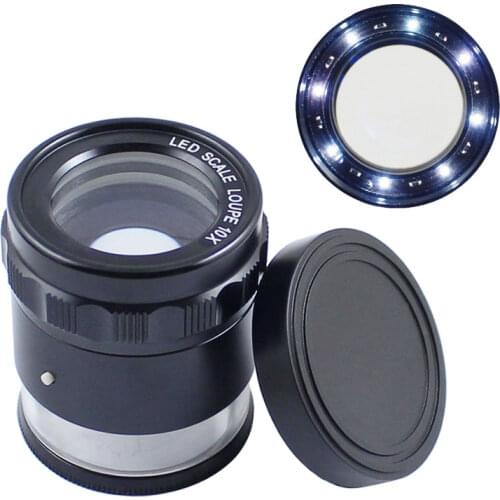 Magnification 10x Lighted Portable Cylinder Magnifier Triplet Optical Lens Scale Printing Magnifying Glass with LED Lights Loupe
