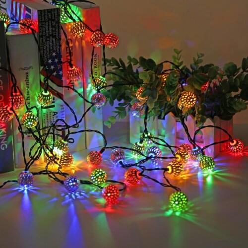 Solar Ball Lamp String Waterproof LED Wrought Iron Metal Hollow Out Ball Colorful Fairy Light Lighting Outdoor Party Decoration