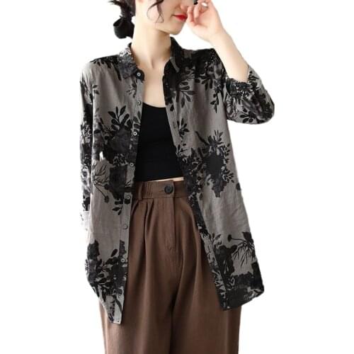 2021 New Womens Literary Retro Ethnic style printed cotton long-sleeved shirt loose slim spring tops soft lapel elegant blouses