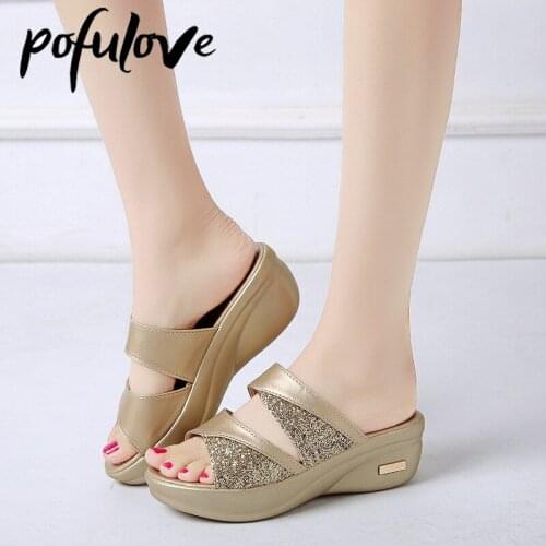 Pofulove Women Platform Slippers Summer Shoes Wedges Sliders Fashion Designer Casual Mules Shoes Ladies Leather Sandals Zapatos