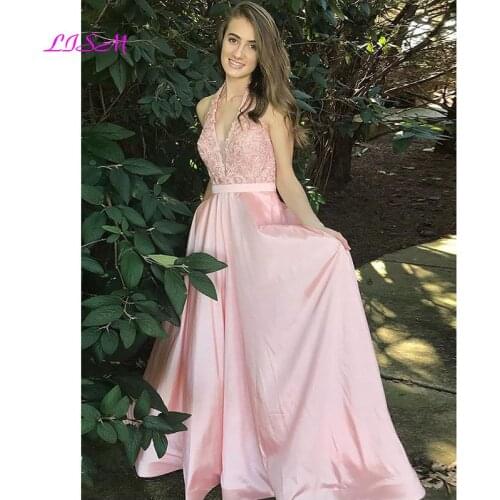 A-Line V-Neck Sleeveless Floor-Length Lace Prom Dress Halter Long Satin Evening Party Dresses 2021