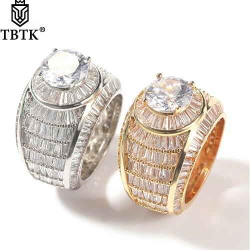 TBTK Luxury Bold Statement Rings Iced Baguette Cubic Zirconia Engagement High Quality Party Hiphop Jewelry For Gift