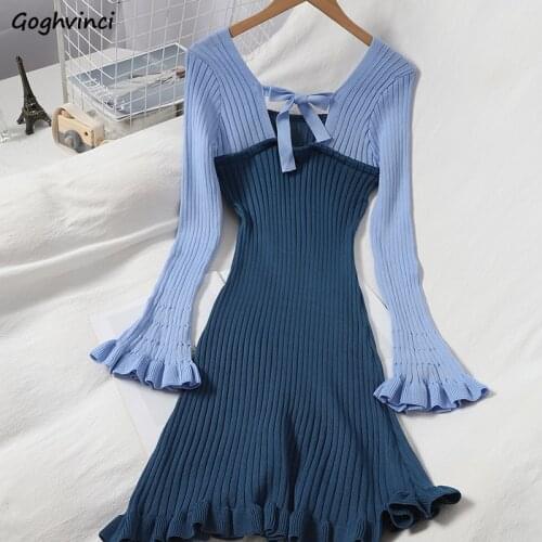Women Long Sleeve Dress Knitted Bow Patchwork Square Collar Contrast Color Elasticity Shaped Dresses Korean Style Chic Elegant