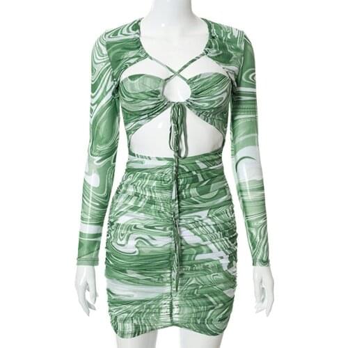 Long-sleeved blouse female printed swimsuit female 2021 hollow beach skirt lace-up tube top tights sexy monokini string