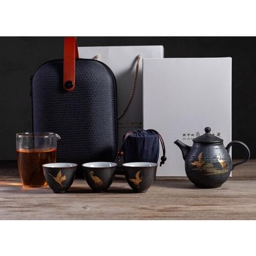 Tea Ceremony Set Black Crockery Ceramic Teapot With 3 Cups Flying Crane Portable Travel Kung Fu Tea Set Drinkware Gift Designer
