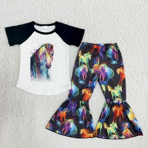 Girl Black Short Sleeve Shirt Match Bell Pants Fashion Summer Cartoon Horse Outfit For Children