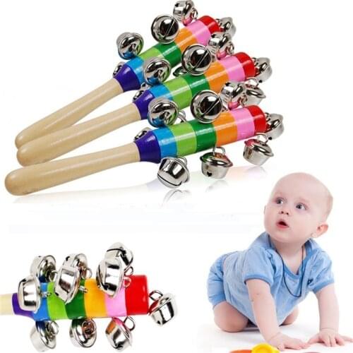1 pc Wooden Stick 10 Jingle Bells Rainbow Hand Shake Bell Rattles Baby Kids Children Educational Toy