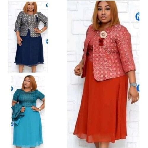 2 Piece Set Coat + Dress African Office Lady Women Set Lace Hot Drilling Color Matching 3/4 Sleeve Two Piece Suit Jacket Dress