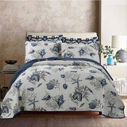 WINLIFE Country Style Quilt Set Sea Stars Print 100% Cotton Comforter Quilted Coverlet Bedspread
