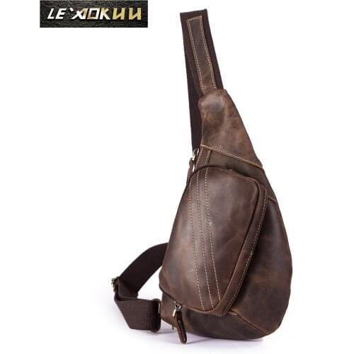 Men Original Leather Casual Fashion Chest Sling Bag 8" Tablet Umbrella Brown Design One Shoulder Bag Cross body Bag Male 8810-d