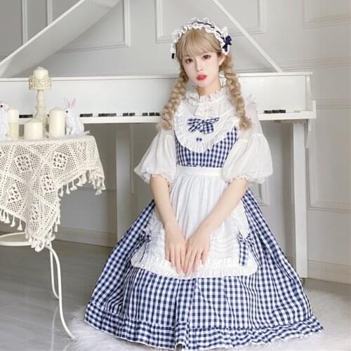 Summer Lolita Soft Girl Vintage Dress for Teens Sweet Plaid Cute Ruffle Lace Spaghetti Strap Dress Kawaii Maid Cosplay Dresses