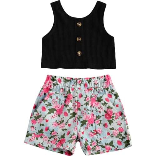 New Toddler Girls 2PCS Summer Outfits, Sleeveless Button Front Rib Knit Tank Tops + Floral Shorts Set