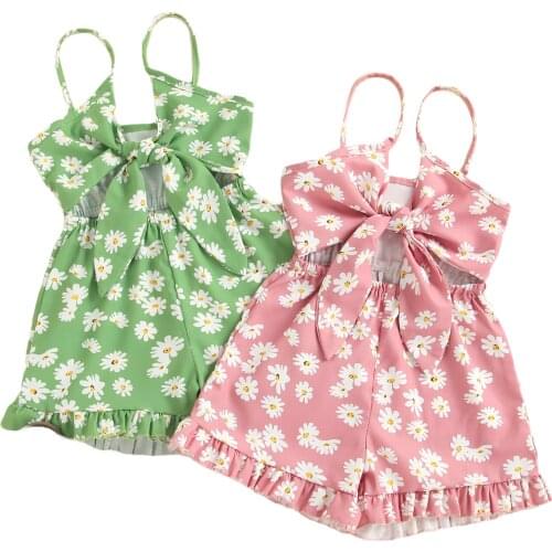 New Children Daisy Print Short Romper, Girls Sleeveless V-neck Ruffle Hem Sling Jumpsuit