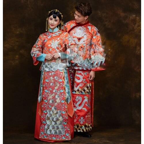 Orange Red 2 Colors Delicate Embroidery Traditional Chinese Wedding Hanfu Xiu He Fu for Couple Bride and Groom Wedding Suits