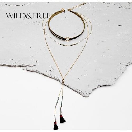 Women Retro Green Leather Choker Thread Tassel Pendant Necklace Vintage Gold Long Chain Alloy Collar Necklace Jewelry