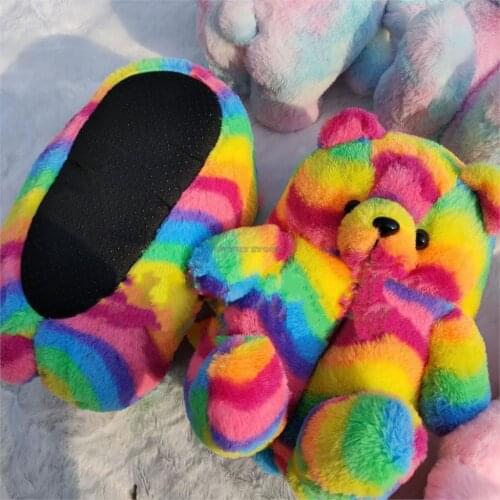 Plush Teddy Bear women christmas plush slippers Cartoon Bear House Slipper Furry Faux Fur Slides Woman Furry Flip Flop Shoes