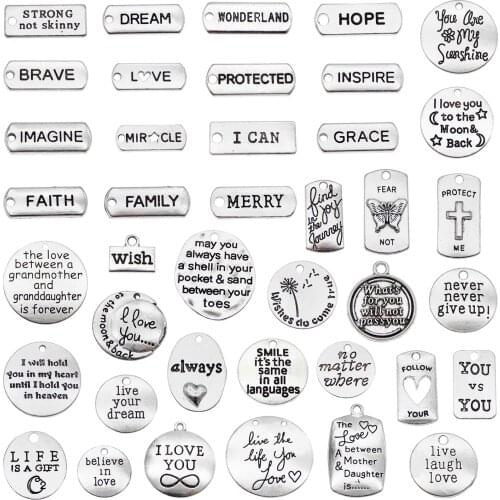 20pcs Inspiration Words Pendant Tag Gifts silver color letter charms metal pendants for diy necklace & bracelets jewelry making