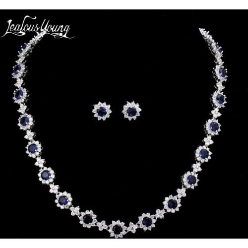Luxury Flower Cubic Zirconia Jewelry Sets For Women White Gold Color Wedding Jewelry Sets Blue African Beads Jewelry Set AS059