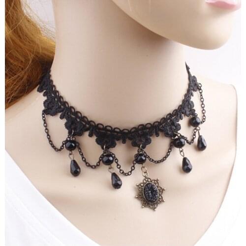 Halloween Sexy Gothic Punk Necklace Black Lace Neck Chain Retro Choker Necklace Victorian Womens Collar Steampunk Jewelry