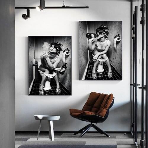 Modern Sexy Woman Smoking In Toilet Canvas Painting Black White Posters and Prints Wall Art Pictures for Restroom Bar Home Decor