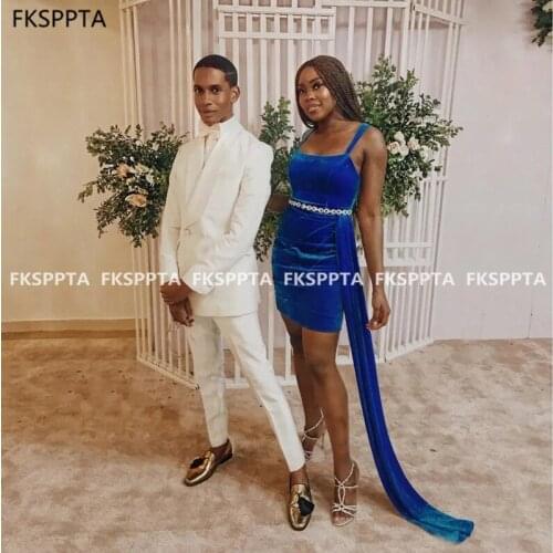 Royal Blue Short Prom Dresses Crystal Sash Sheath Velour Black Girl Graduation Party Dress 2021 Plus Size Prom Gowns