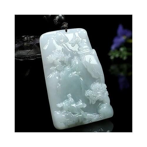 Zheru Jewelry Natural Burmese Jade A-level Carved Landscape Pendant Jade Bead Necklace Jewelry Best Gift