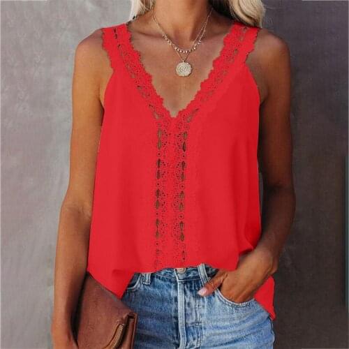 2021 Summer New Fashion Loose Solid Color Casual Sexy V Neck Sleeveless Ladies Tops Tanks Lace Basic T Shirt Womens Tops