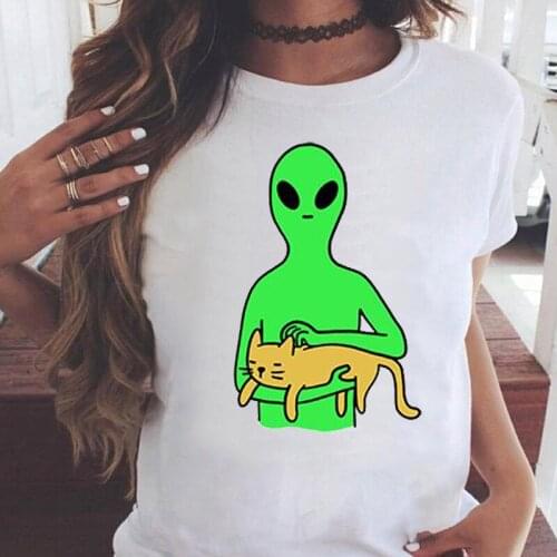 Ladies t-shirts Summer Cat and Alien Fashion Short Sleeve Women tshirts Female Tee Tops Graphics O-neck streetwear tshirt femme