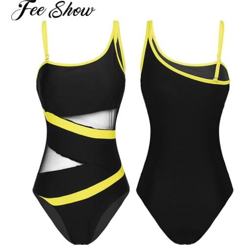 Womens Swimsuit One-piece Suit Beachwear One Shoulder Mesh Patchwork Padded Push Up Monikini Swimsuit Swimwear Hot Bathing Suit