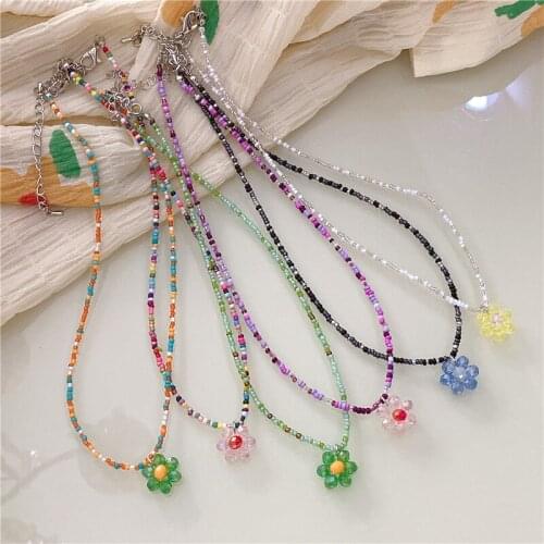 2021 New Sweet Colorful Rice Beads Resin Crystal Beaded Small Flower Pendant Necklace Choker For Women Girls Accessories