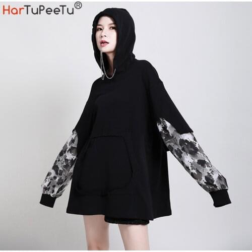 Autumn Spring Women Long Sweatshirts Black White Patchwork Camouflage Sleeve Pullover Hoodies Dress Plus Size Chain Hooded Coat