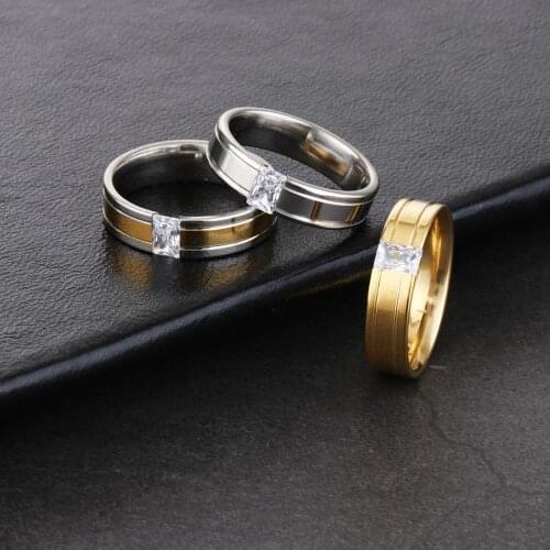 4mm 6mm Inlay Zircon Stone Finger Ring for Couple Lovers Gold Silver Color Stainless Steel Rings Engagement Wedding Band Jewelry
