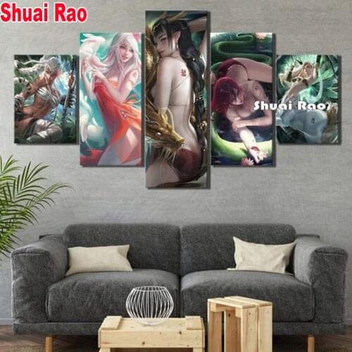 5 Panel diamond Mosaic Game anime sexy girl diy full drill square diamond embroidery Painting rhinestone dragon Animal Woman