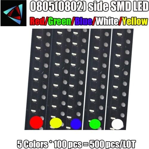 500pcs (5 colors x 100pcs) Side SMD 0805 (0802) LED White Red Green Yellow Blue Light Emitting Diode SMT Lamp Assorted Kit