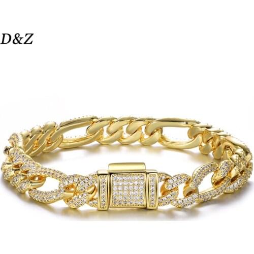 D&Z 10mm Figaro Bracelet Miami Cuban Link Bracelet Bling AAAA Zircon Charm Mens Hip Hop Chain Women Jewelry