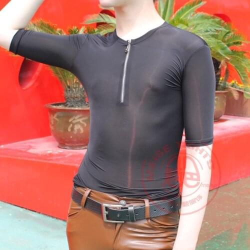 Summer Plus Size Sexy Transparent Fashion Fitness Top Ice Silk Short Sleeve Bodybuilding Clothes T Shirt Men One Piece Bodysuit