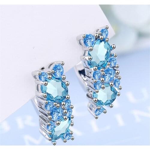 Cute Round Zircon Wedding Earrings Trendy Female Aqua Blue Crystal Earrings Dainty Silver Color Small Hoop Earrings For Women